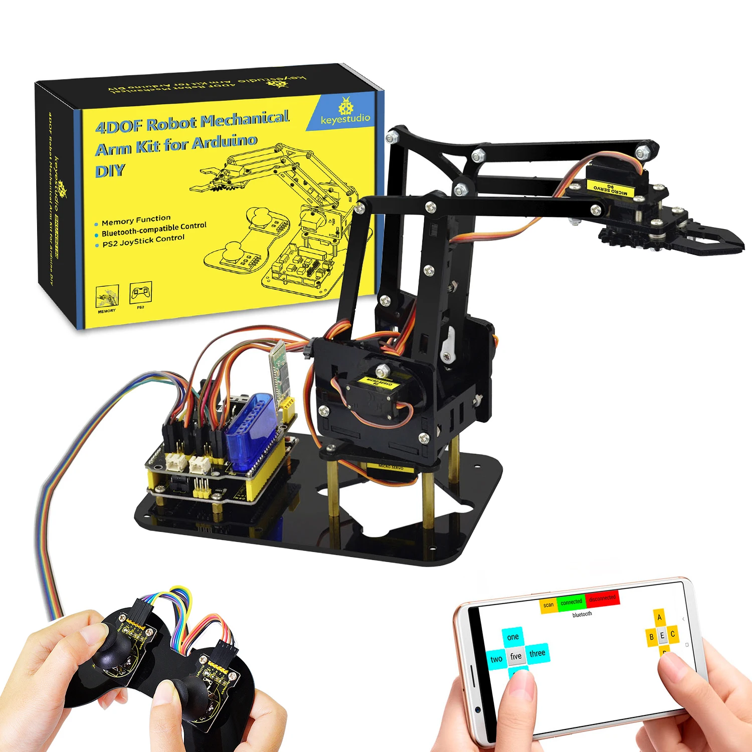 Keyestudio STEM 4DOF Robot Arm Kit Mechanical Arm Claw Kit PS2 Control ...